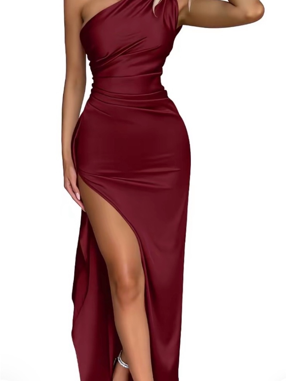 Elegant One-Shoulder Burgundy Evening Gown with High Slit